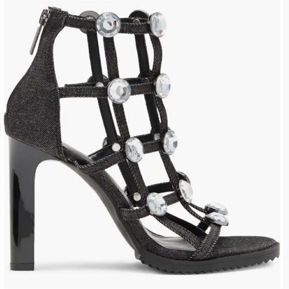 NWOB Karl Lagerfeld Paris Beatriz Crystal Cage Sandal size 6.5 Black Denim 4” - Picture 2 of 12